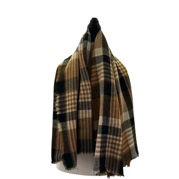 ModCloth Plaid Blanket Scarf Wrap Womens Raw Hem Fringe Minimalist Neck Warmer - Picture 1 of 9
